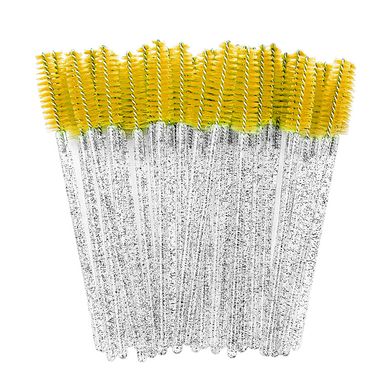 Brushes for eyebrows and eyelashes, yellow with silver sparkles, 50 pcs