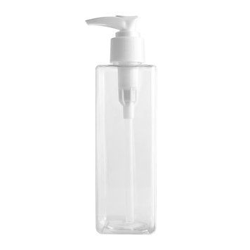 Kwadratowa plastikowa przezroczysta butelka z białym plastikowym dozownikiem, 150 ml w sklepie internetowym Beauty Hunter