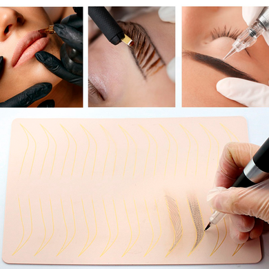 Training mat with eyebrow sketch Premium Beige and silver, double-sided, 14.6*22 cm