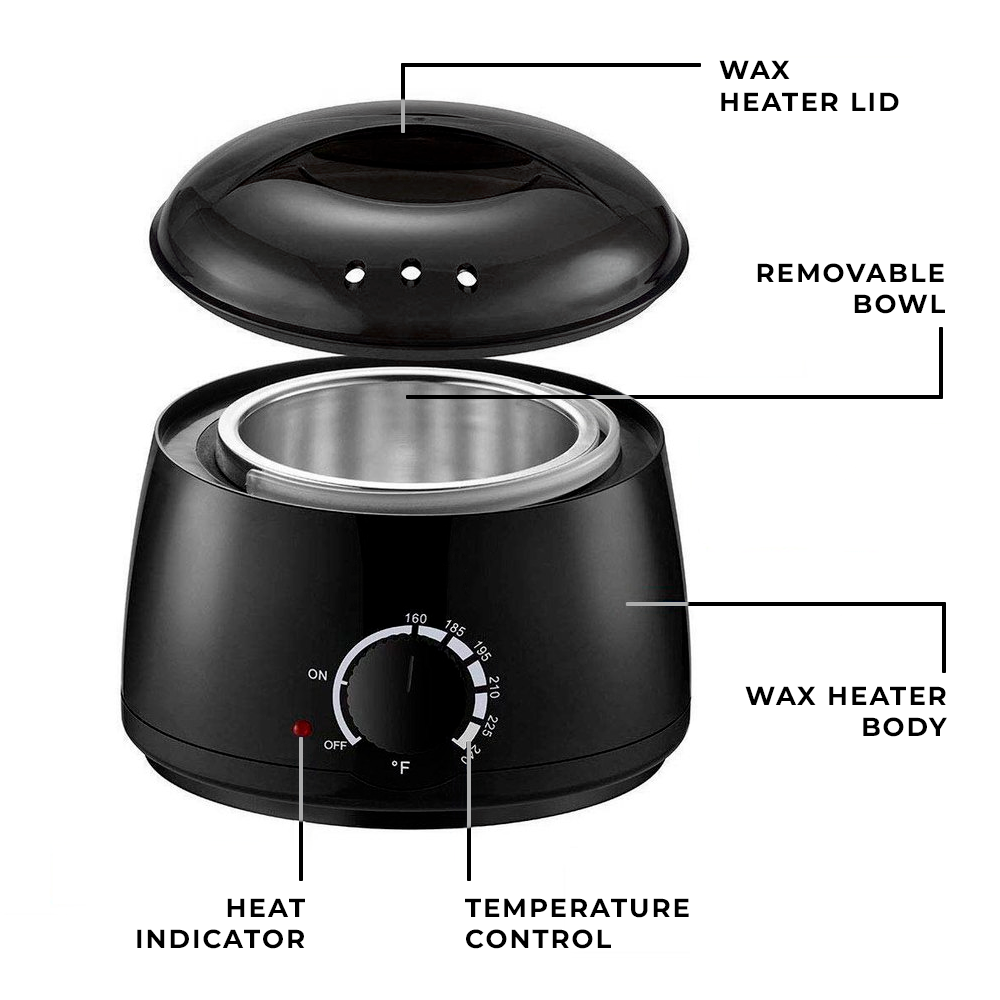 Schematic representation of a black jar wax heater with the designation of the main elements: lid, removable bowl, case, temperature regulator and heating indicator