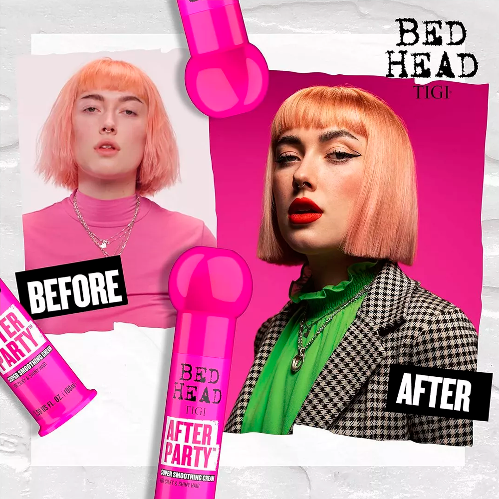 До и после применения разглаживающего крема After Party от Bed Head Tigi для гладкости и блеска волос